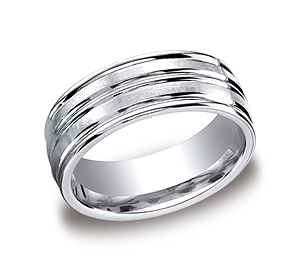 This unique Cobalt 8mm comfort-fit satin-finished band features a high polished center trim and rounded edges.