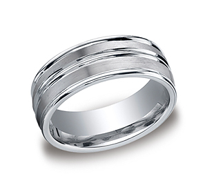 This incredible Palladium 8mm comfort-fit satin-finished carved design band features a high polished round edge and center trim that gives subtle consistency of style and form.