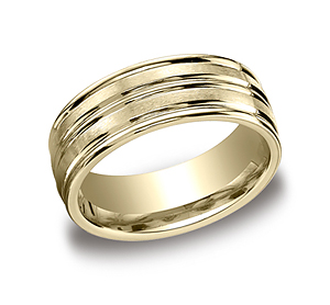 This incredible 8mm comfort-fit satin-finished carved design band features a high polished round edge and center trim that gives subtle consistency of style and form.