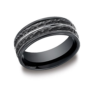 This incredible black 8mm comfort-fit Cobalt band features a hammered finish with a high-polished center cut down the middle and bold round edges.