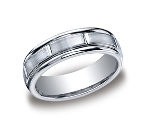 This unique Cobalt 7mm band features a satin-finished center with comfort-fit on the inside and high polished grooves and round edges.