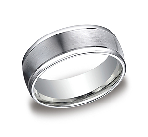 This popular 8mm comfort-fit carved design band features a satin-finished surface with a high polished round edge for noticeable style.