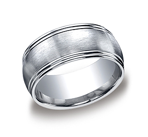 This classic Argentium Silver 10mm comfort-fit band features a satin-finished center and high polished double row round edges for an elegant look.