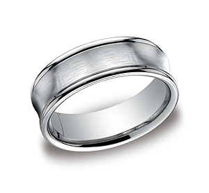 This unique Platinum 7.5mm comfort-fit satin-finished carved design band features a concave design with a high polished round edge that exemplifies remarkable style.