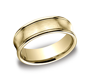 This unique 7.5mm comfort-fit satin-finished carved design band features a concave design with a high polished round edge that exemplifies remarkable style.