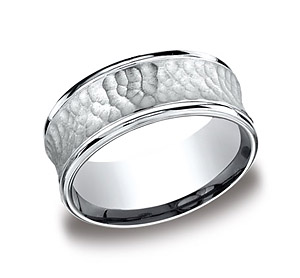This designer Argentium Silver 9mm comfort-fit band features a hammered finish center set off beautifully by high polish round edges.