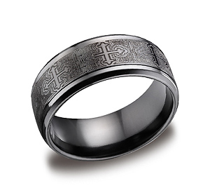 This fascinating high-polished 9mm black Titanium band features cross designs along the center and beveled edges.