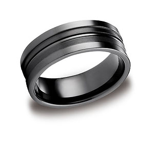 This bold 8mm Black Titanium band features a satin-finished surface interrupted by a high-polished center trim and a comfort-fit on the inside.