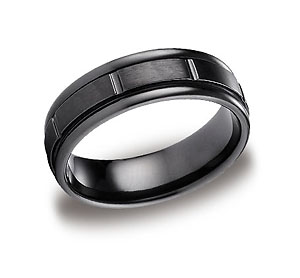 This unique 7mm black Titanium band features a satin-finished center with comfort-fit on the inside and high polished grooves and round edges.