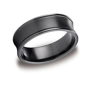 This unique 7.5mm comfort-fit and satin-finished black Titanium band features a concave design with a high polished round edge that exemplifies remarkable style.