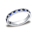 This gorgeous 3mm Platinum channel set eternity diamond band features 18 round ideal-cut diamonds and blue...