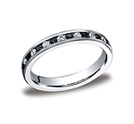 This elegant Platinum 3mm channel set eternity band features 18 round ideal-cut white and black diamonds...
