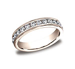 This elegant 4mm channel set eternity band features 28 round ideal-cut diamonds along the center with milg...