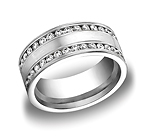 This elegant Palladium 8mm comfort-fit channel set brushed diamond eternity band features double rows of 6...