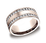 This elegant 8mm comfort-fit channel set brushed diamond eternity band features double rows of 66 round id...
