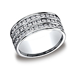 This elegant 8mm comfort-fit channel set brushed diamond eternity band features a triple row of 105 round ...