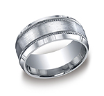 This unique Argentium Silver 10mm comfort-fit band features a satin-finished center trimmed with a decorat...