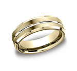 This 6mm comfort-fit satin-finished carved design band features a high polished center cut and beveled edge...