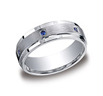 This Argentium Silver 7mm comfort-fit pave set band features a satin-finished center with six round sapphi...