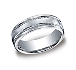 This Platinum 7.5mm satin-finished comfort-fit carved design band features two rope patterns along the ce...