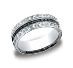 This unique 7.5mm Hammered Finish Channel set Eternity Diamond band features 36 round ideal cut black d...