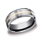 This awesome 8mm comfort-fit Tungsten band features a yellow gold center inlay along a satin-finished surfa...