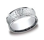 This designer Argentium Silver 9mm comfort-fit band features a hammered finish center set off beautifully ...