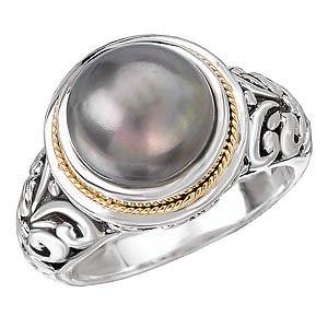 18K/SILVER WITH BLACK PEARL RING 10MM SZ 6