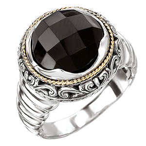 18K/SILVER WITH FACETED BLACK ONYX RING BK-12MM SZ 6