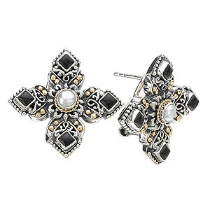 18K/SILVER CROSS DESIGN WITH BLACK ONYX AND PEARL EARRINGS