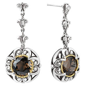 18K/SILVER ROUND WITH SMOKY QTZ DANGLE EARRINGS SQ-10MM