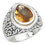 18K/SILVER WITH CITRINE DROP DESIGN RING SZ 7 CT-14X10MM
