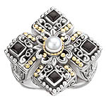18K/SILVER CROSS DESIGN WITH BLACK ONYX AND PEARL RING
