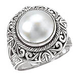 SILVER WITH WHITE MABE PEARL RING SZ-6 11MM