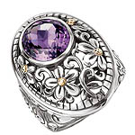 18K/SILVER WITH AMETHYST FLOWER DESIGN OVAL RING SZ 6