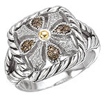 18K/SILVER SQUARE WITH FLOWER DESIGN AND BROWN DIAMONS RING
