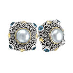 18K/SILVER WITH WHITE MABE PEARL AND BLUE TOPAZ EARRINGS