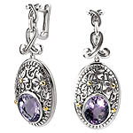 18K/SILVER WITH AMETHYST AND FLOWER DESIGN OVAL EARRINGS
