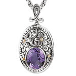 18K/SILVER WITH AMETHYST FLOWER DESIGN OVAL PENDANT