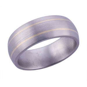 10MM DOMED TITANIUM BAND WITH(2)1MM 14K YELLOW GOLD INLAYS IN A SATIN FINISH