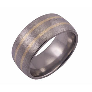 10MM DOMED TITANIUM BAND WITH (2)1MM 14K YELLOW GOLD INLAYS IN A STONE FINISH