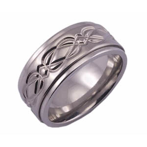 10MM FLAT TITANIUM RING WITH CELTIC WEAVE PATTERN ON SPINNING CENTER PORTION IN A POLISH FINISH