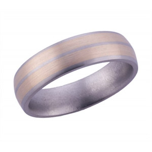 6MM DOMED TITANIUM BAND WITH (2)2MM 14K YELLOW GOLD INLAYS IN A SATIN FINISH
