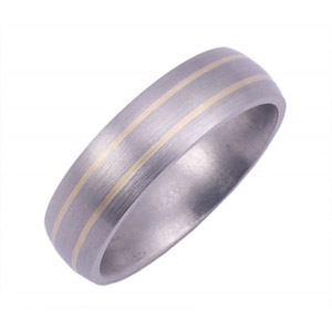 6MM WIDE DOMED TITANIUM BAND WITH 2 .5MM WIDE INLAYS OF 14KY GOLD. SATIN FINISH.