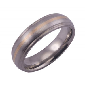 6MM DOMED TITANIUM BAND WITH GROOVED EDGES AND (1)1MM 14K YELLOW GOLD INLAY IN A SATIN FINISH