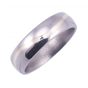 6MM DOMED TITANIUM BAND WITH (1)1MM HALFINFINITY 14K YELLOW GOLD INLAY IN A POLISH FINSISH