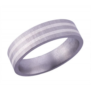 6MM FLAT TITANIUM BAND WITH(2)1MM STERLING SILVER INLAYS IN A CROSS SATIN FINISH