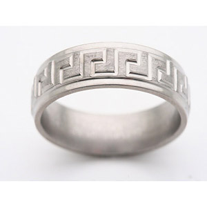 6MM FLAT TITANIUM BAND WITH GROOVED EDGES AND LIVE TOOLED "L" DESIGNS IN A STONE FINISH