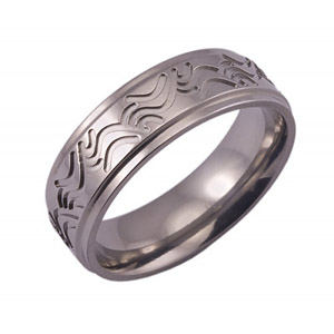 6MM FLAT TITANIUM RING WITH GROOVED EDGES WITH A WAVE TOOLING PATTERN IN A SATIN FINISH
