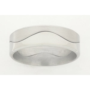 7MM BEVELED TITANIUM BAND DISECTED WITH A N HALF INFINITY CUT MAKING A TWO PIECE RING ONE HALF IS POLISHED ON IS SATIN.